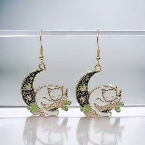 Cat Lover Earrings Moon Drop Gift Women‎ enamel Jewelry Dangle Flower celestial